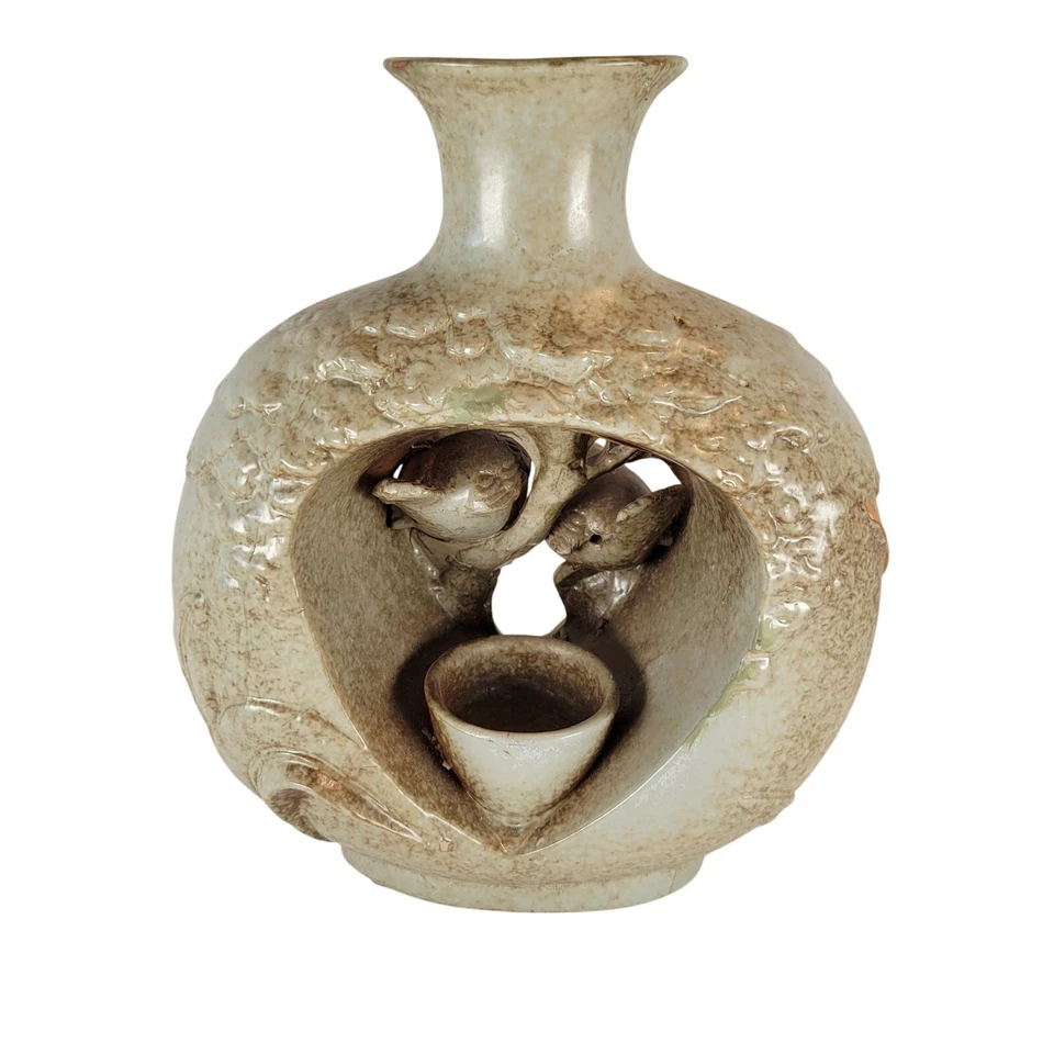 Rustic Ceramic Vase Tree Trunk Birds 9" Tall Votive Holder Decor Vintage Finch - Image 2 of 4