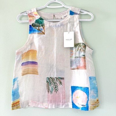Indi & Cold Linen Tank Top Womens Small Coastal Art Print Beachy Boho NWT