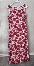 Vintage Women 8 Spring Summer Linen Blend Red White Floral Dress Long Modest