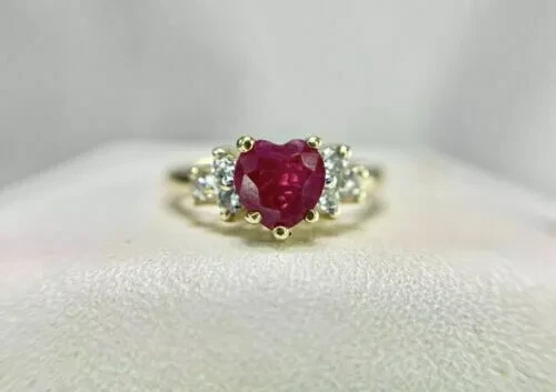2.15 Ct Heart Cut Ruby & Moissanite Wedding Ring 14K Yellow Gold Plated - Picture 2 of 8