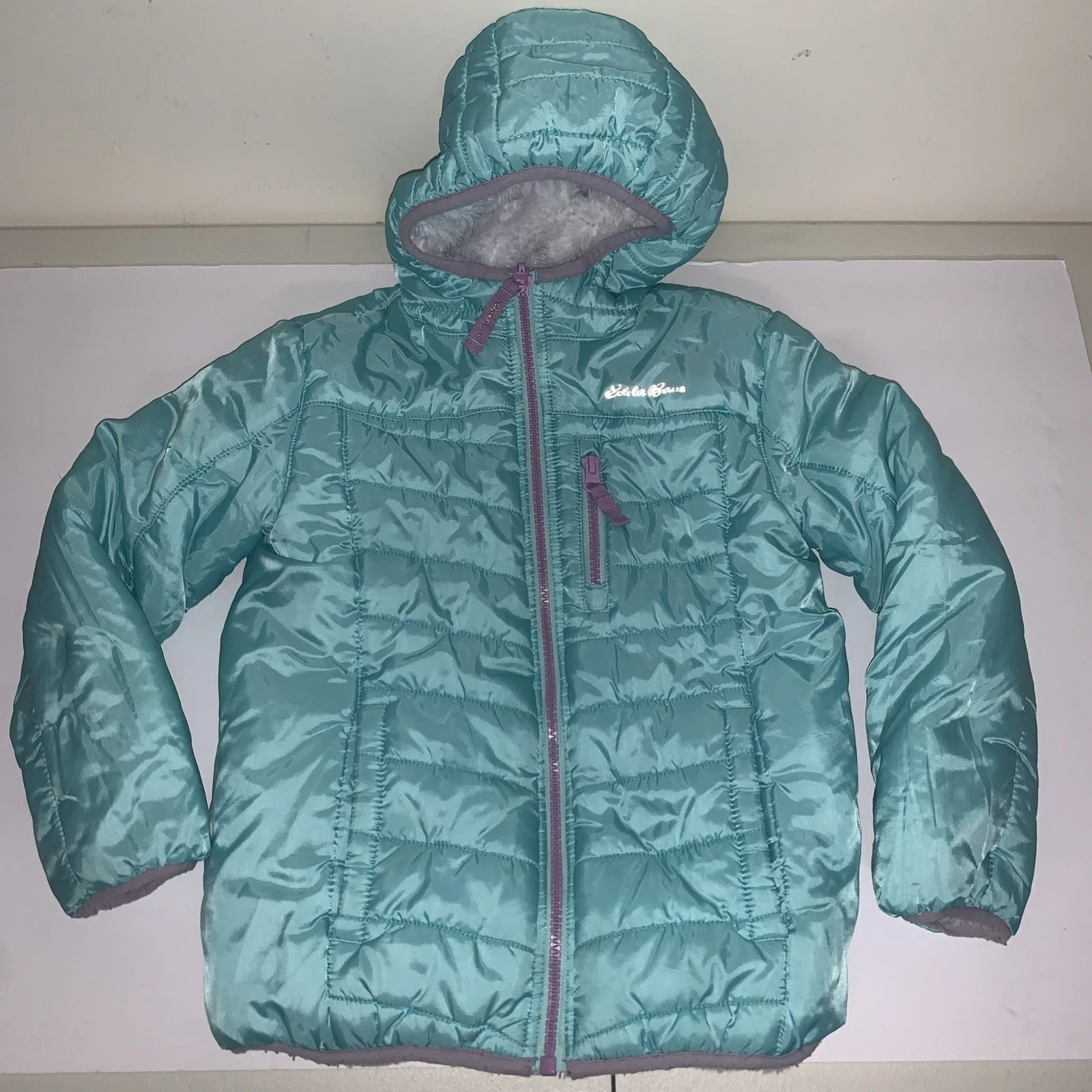 Eddie Bauer Kids Reversible Puffer Blue/teal Jacket Faux Fur Lined Size XS (5/6)