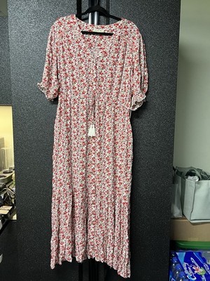 Indigo Rose Women s XL Floral V-Neck Midi Dress 3/4 Puff Sleeve Tie Crochet