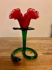 Vintage 6.5" Murano Style Red & Green Glass Flower Candle Holder