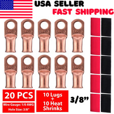 20PCS 1/0 AWG Gauge Copper Lugs W/ BLACK  RED Heat Shrink Ring Terminals Wire