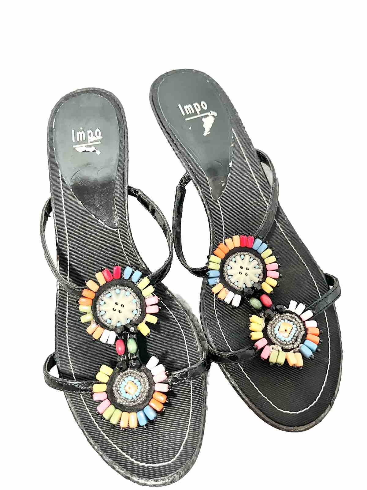 Y2K Vintage Impo Black Strappy Square Kitten Heels Beaded Fairy Embellished 8.5