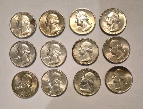 12 1940 To 1960 Washington Silver Quarter Mixed Lot. Nice Brilliant Uncirculated