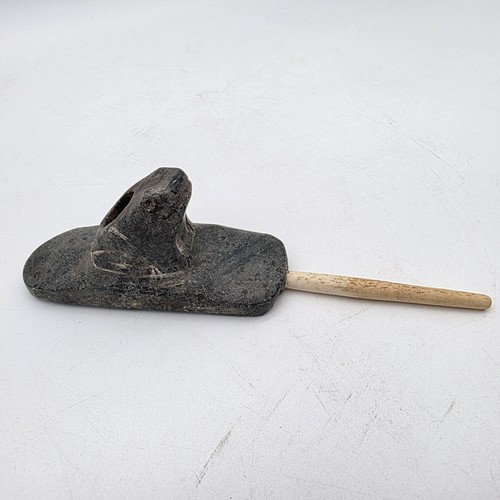 Native American Stone Effigy Platform Pipe Frog With Stem
