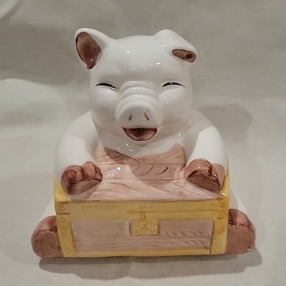 Musical? Vintage White Ceramic Pig Piggy Bank  Bank Figurine Holding Chest