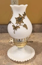 Vintage 1900s Milk Glass Electric Hurricane Boudoir Lamp with Gold Roses - Works