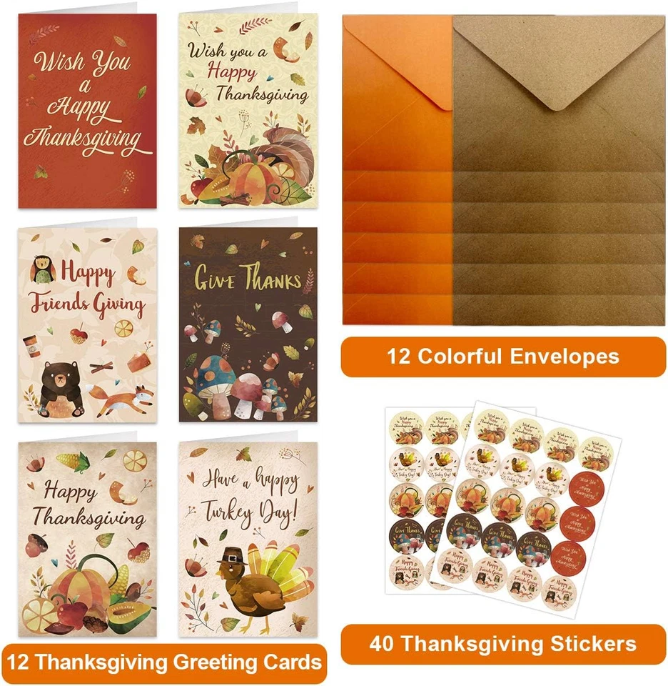 12 Thanksgiving Greeting Cards Thanksgiving Cards with Envelopes 5 X 7 for Kids  - Image 3 of 4