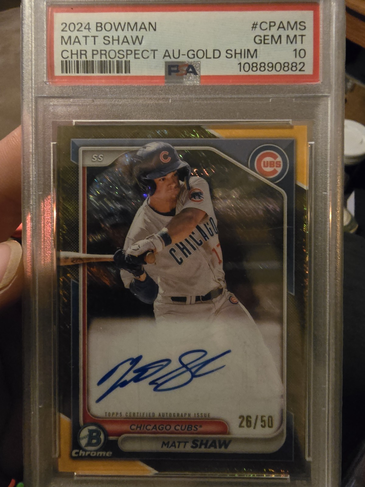 2024 Bowman Chrome Prospect Auto Matt Shaw #CPAMS Gold Shimmer #/50 PSA 10 Cubs
