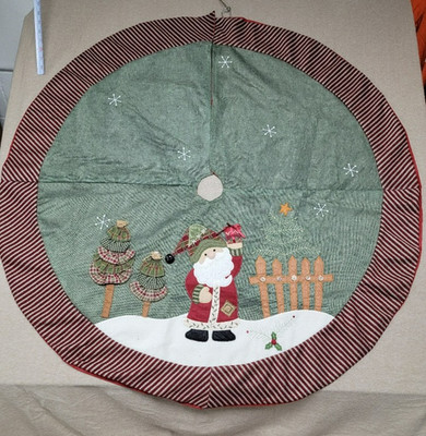 OLD SAINT NICK ~ 3D  Burlap Tree Skirt 47  Red Back Hook-Loop Closure Farmhouse