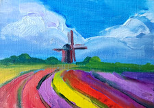 Quadro olio ACEO ORIGINALE - campo di tulipani Olanda - 2,5x3,5 in artista MK