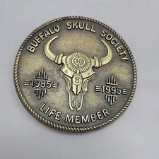 Buffalo Skull Society Life Member 1985 1995 brass belt buckle Billy Mills