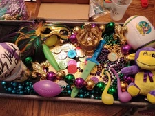 Awesome Mardi Gras gift box! true New Orleans Parade Throws,  Beads, Doubloons!
