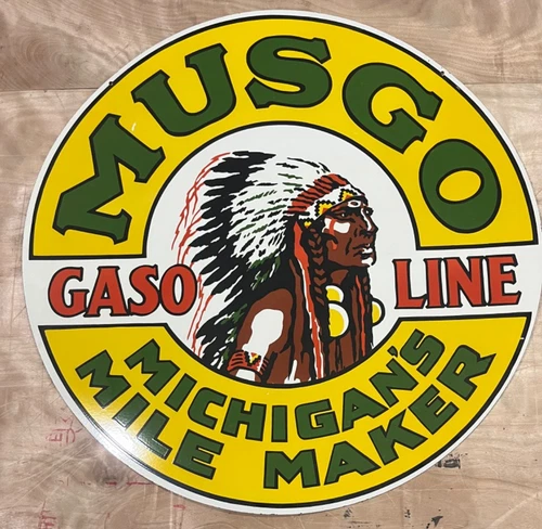 Vintage DSP Musgo Gasoline Porcelain Enamel Gas & Oil Sign 48x48".