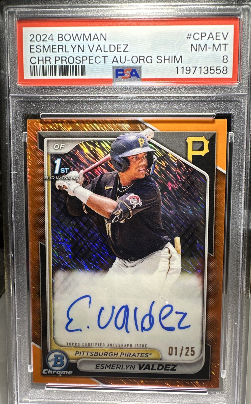 2024 Bowman - Chrome Prospect Auto Orange Shimmer #1/25 Esmerlyn Valdez #CPA-EV