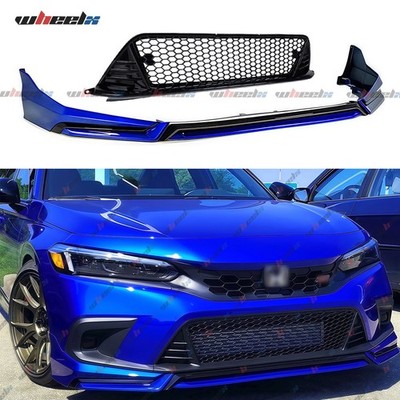 For 22-24 Honda Civic Yofer V3 Style Aegean Blue Front Bumper Lip + Lower Grille