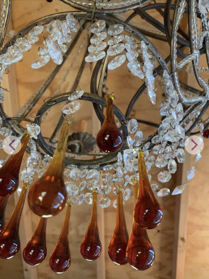 Lámpara de araña italiana vintage de 6 luces con cuentas de cristal de los años 40, transparente/naranja ámbar Foto 4 de 4