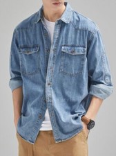 Denim Cotton Men's Shirt Long Sleeve Black Blue Cowboy Loose Jeans Shirts