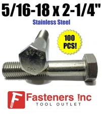 (Qty 100) 5/16-18 x 2-1/4" Stainless Steel Hex Cap Screw / Bolt 18-8 / 304