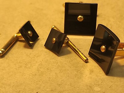 Signed Dolan Bullock 1/20 14K GF Black Onyx? 5 Piece Cufflink Shirt Stud Set