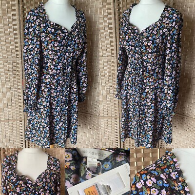 BNWT M & S GHOST Black DITSY FLORAL Print BUTTON DOWN Dress UK 6 L37  RUFFLE