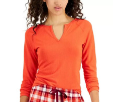 Jenni Women's Long Sleeve Ribbed Knit Split-Neck Pajama Top, Papaya Punch, M