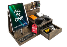 Functional Bedside Organizer for Men - Rustic Design with Smart Cable Solutions