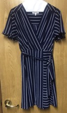 Monteau Los Angeles Navy White Striped Faux Wrap Tie Belt Career Dress M