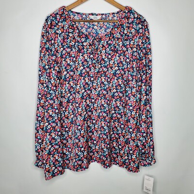 Croft and Barrow Womens Blue Floral Ruffle Tie Neck Blouse Size 3X Long SLeeve