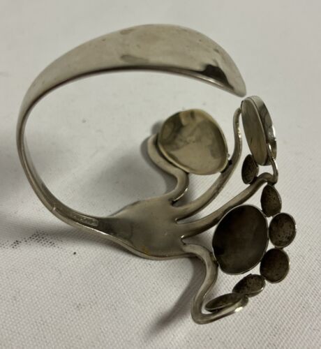Beautiful Vintage Alpaca Silver Fork Spoon Abalone Abstract Art Bracelet Cuff - Picture 2 of 3