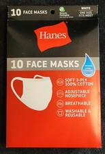 Hanes 10 Washable Reusable Face Masks White One Size Fits Most New In Box