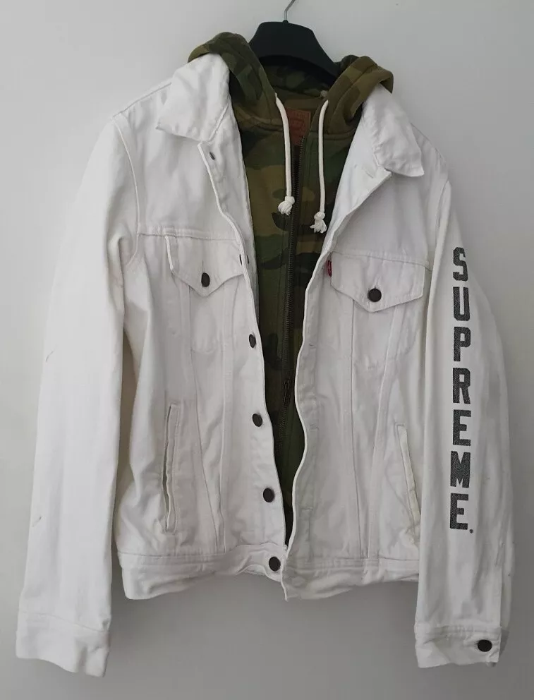 Veste camionneur SS17 Supreme x Levis capuche polaire taille M blanc moyen camouflage Levi's