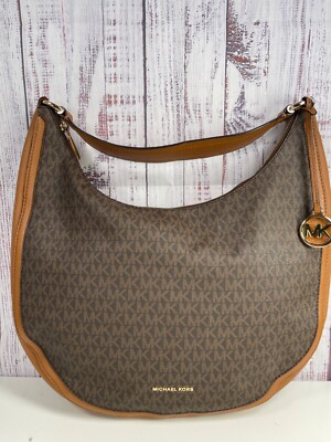Michael Kors Lydia Large Hobo Bag MK LOGO Brown Pebbled Leather Top-Zip $298