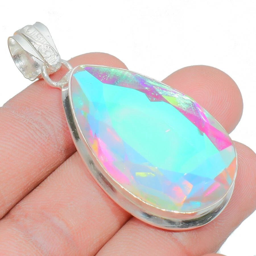 Rainbow Fire Topaz Gemstone Handmade 925 Sterling Silver Jewelry Wedding Pendant - Image 3 of 4