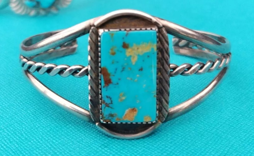 BEAUTIFUL STERLING SILVER LARGE RECTANGULAR TURQU… - image 1