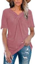 Women's Top Short Sleeved V-neck Solid Color Cross Knot Loose Casual T-shirt