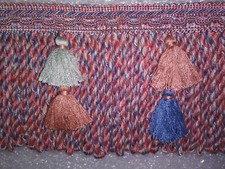 BULLION FRINGE 5" W/HEADER AND TASSELS- MAUVE/FRENCH BLUE/GRAY -Upholstery Trim