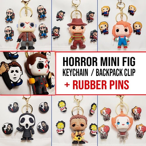 Horror mini figure keychain backpack clip +4 rubber pins 80's horror movies gift