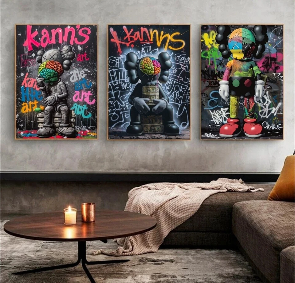 Set of 3 Graffiti Street Kaws Art Pieces Wall Home Decor Portrait Gallery. - Image 2 of 4