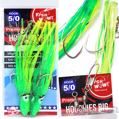 Fish WOW! Hoochies Rig Fishing Chartreuse 4.75'' Squid Skirt  5/0 Octopus Hook
