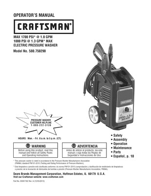 Owners Manual & Parts List Craftsman 1700 PSI Pressure Washer -Model ...