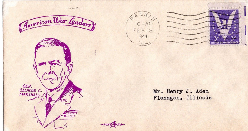 1944 RANKIN IL WWII PATRIOTIC COVER W/ GEN. MARSHALL CACHET BY PENTARTS + BIBLE