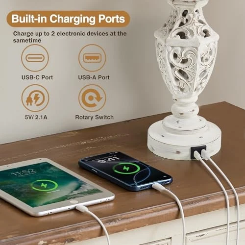 Juego de Lámparas para Mesitas de Noche Boho de 2-23.5" con USB A+C Crema-1 Foto 4 de 4