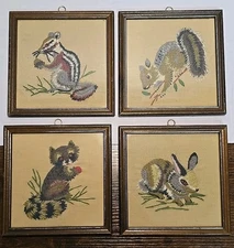 Vtg LeeWards Set of 4 WILD ONES Framed Crewel Embroidery Art Woodland Needlework
