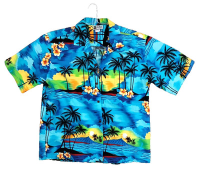 Aloha Republic Hawaiian Shirt Large Palm Trees Sunset Tropical Flowers Blue