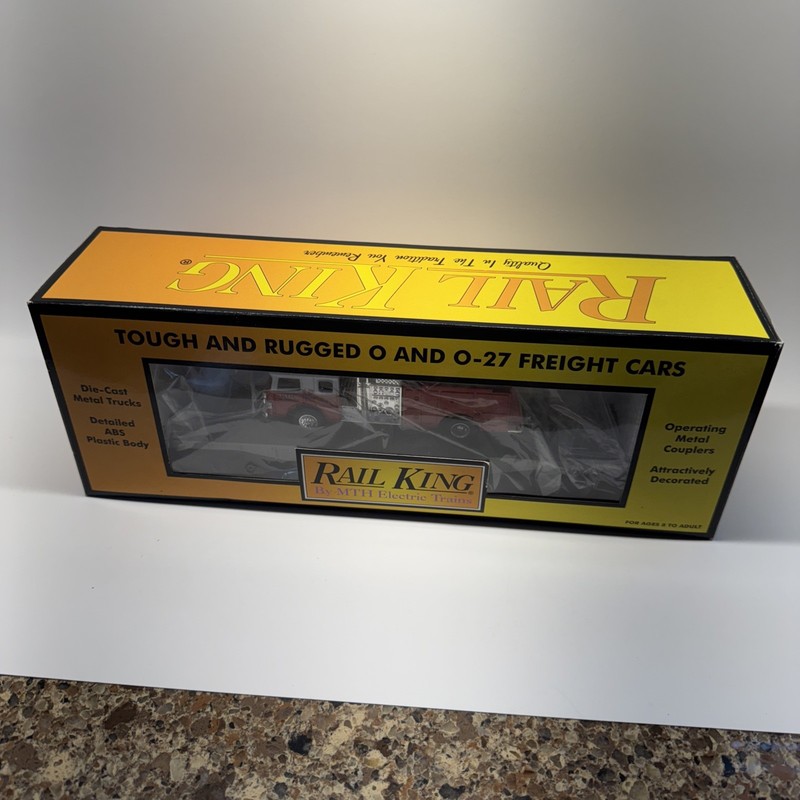 MTH Railking O/O-27 Gray Transportation Flat Car w/ Fire Truck Load #30-7629 EX