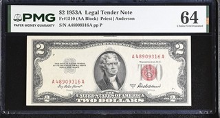 NobleSpirit (LP) Series 1953A $2 Legal Tender Note Fr 1510 AA Block PMG 64