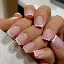 Short Square Press on Nails French Tip Fake Nails Full Cover White Tips 